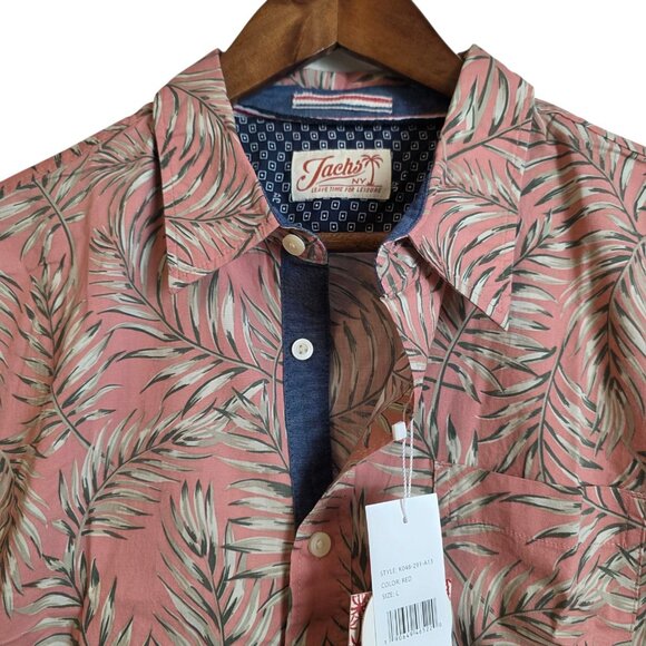 🔴 Jachs NY Shirt Mens Large Palm Print Short Sleeve Button Up Pink Gray - Picture 4 of 14